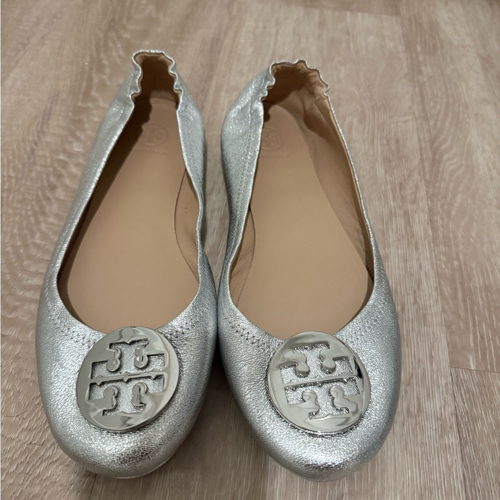 Tory Burch Reva Metallic Silver Ballet Flats